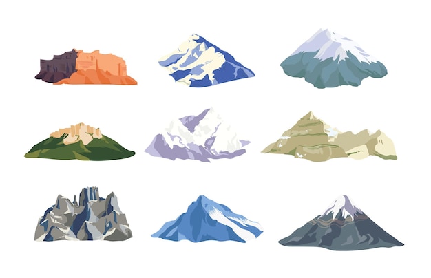 Raccolta di cime e creste montuose isolate su sfondo bianco. Fascio di varie scogliere rocciose. Set di supporti. Illustrazione vettoriale colorata in stile piatto per il logo dell'escursionismo o dell'alpinismo.