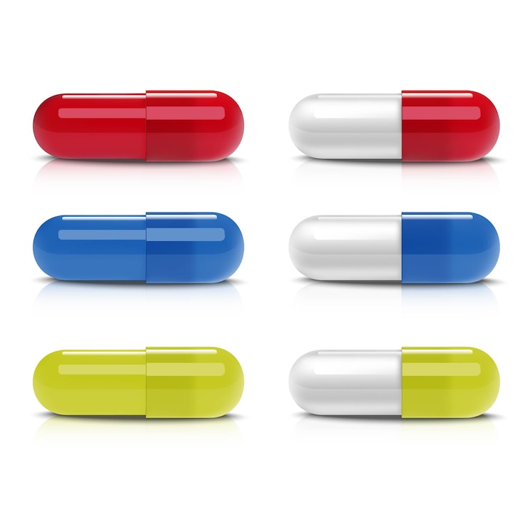 Vettore raccolta di diverse capsule colorate. icona illustrazione su sfondo bianco.