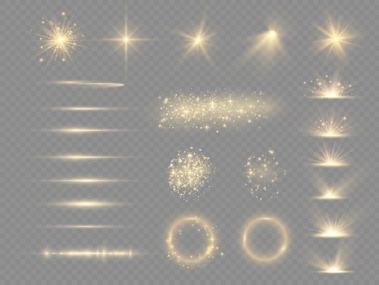 Vettore raccolta di effetto luce gialla. faretti, bagliori, esplosioni e stelle. raggi laser, raggi luminosi orizzontali. polvere gialla scintillante.