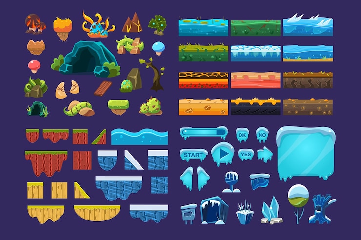 Vettore raccolta di elementi del paesaggio fantasy estivo e invernale, risorse dell'interfaccia utente per app mobili o videogiochi illustrazione vettoriale web design