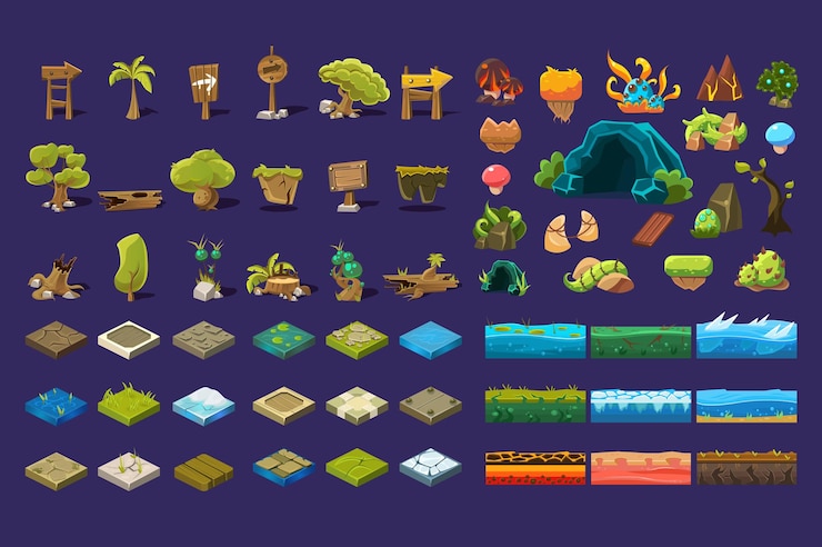 Vettore raccolta di elementi del paesaggio naturale alberi cartelli in legno pietre piattaforme di terra risorse dell'interfaccia utente per applicazioni mobili o videogiochi illustrazione vettoriale web design