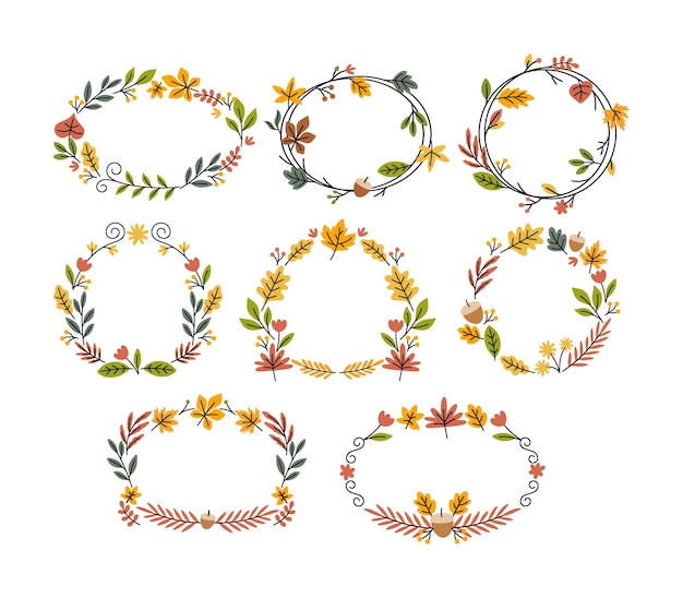 Raccolta di elementi di design doodle disegnati a mano isolati su uno sfondo bianco Set di autunno