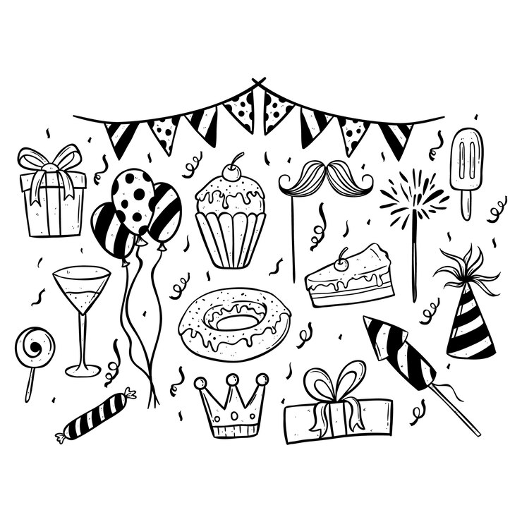 raccolta di elementi di festa di compleanno o di doodle di disegno a mano