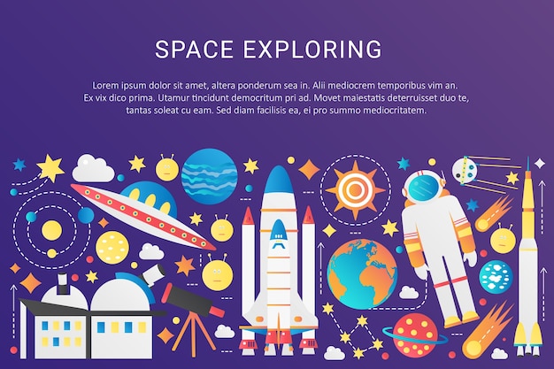Raccolta di elementi infographic dell'universo dello spazio gradiente piatto alla moda di vettore con sole, pianeti, astronavi stellari, alieni ufo, astronauta, illustrazione di asteroidi