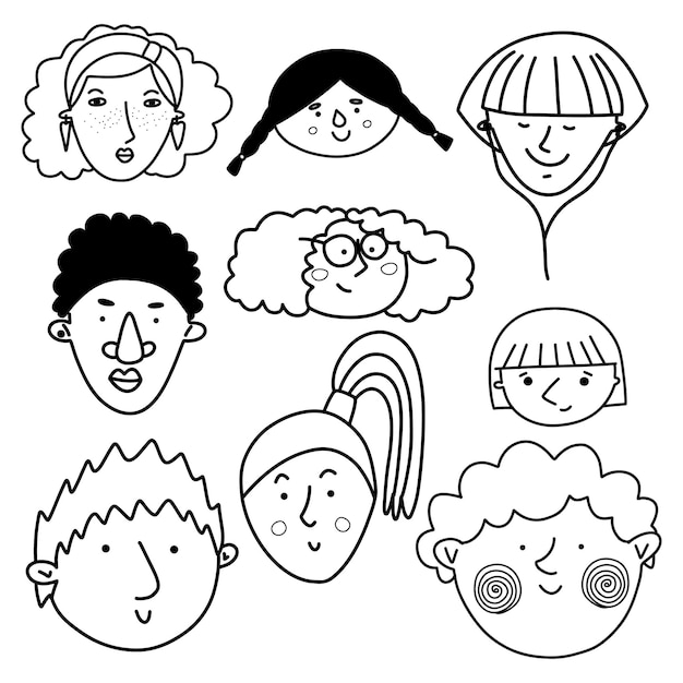 Raccolta di facce disegnate a mano carine e diverse in icone di persone Doodlestyle in bianco e nero