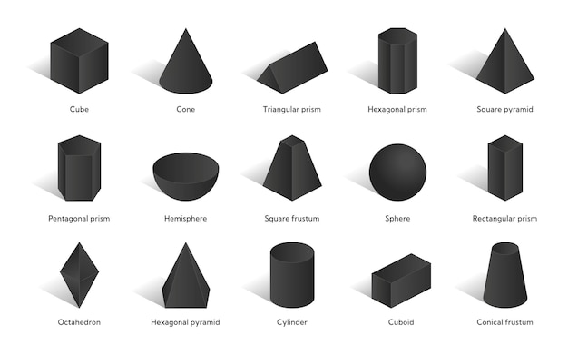 Raccolta di forme geometriche. Forme geometriche di base volumetriche. Illustrazione 3d isometrica in bianco e nero isolata su sfondo bianco. Disegno vettoriale.