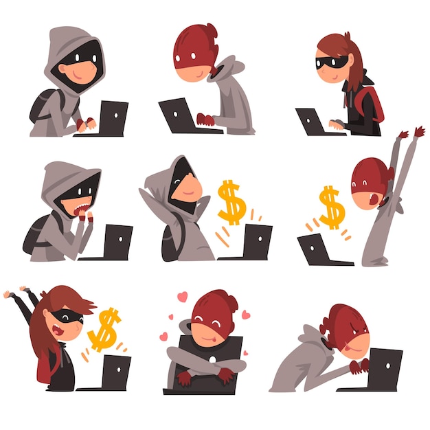 Raccolta di hacker mascherati che rubano informazioni e denaro usando laptop Criminalità su Internet Tecnologia della sicurezza informatica Illustrazione vettoriale su sfondo bianco