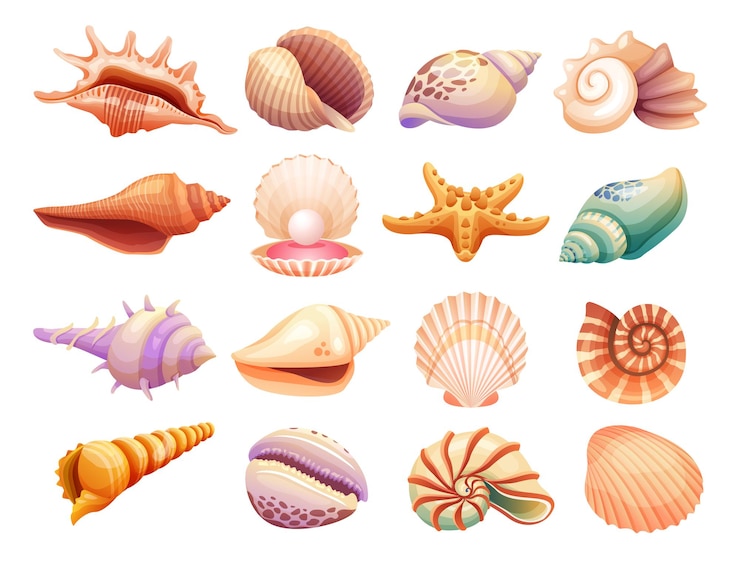 Vettore raccolta di illustrazione di conchiglie isolato su sfondo bianco