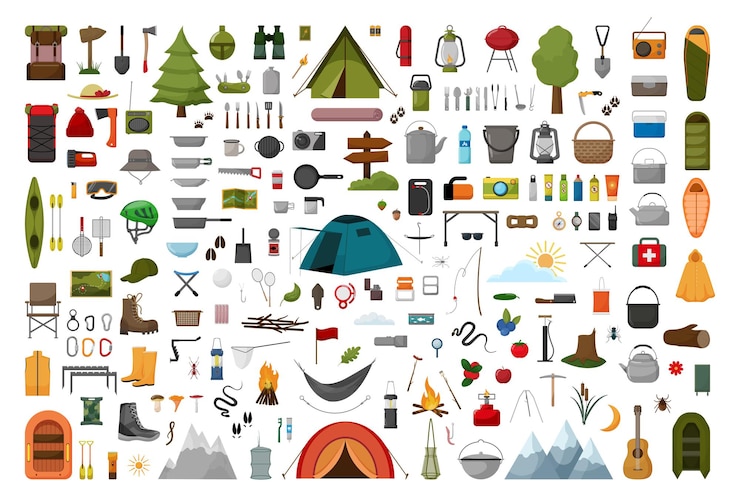 Vettore raccolta di illustrazioni del campeggio.