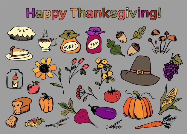 Raccolta di illustrazioni vettoriali per il giorno del Ringraziamento felice in stile disegnato a mano di schizzo ClipArt per la cena del Ringraziamento