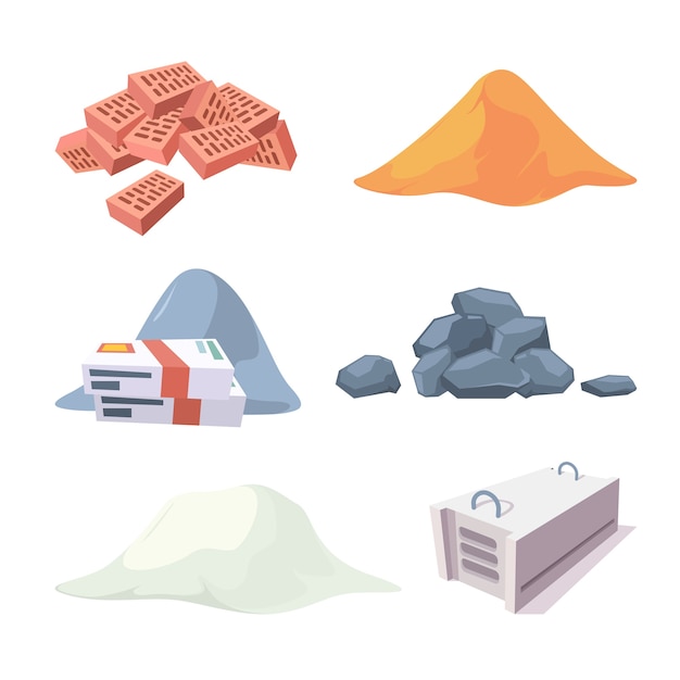 Raccolta di materiale da costruzione. Attrezzature per muratori cemento sabbia pietre mucchio blocchi di gesso mattoni immagini vettoriali. Illustrazione di mucchio di sabbia per edilizia e ristrutturazione