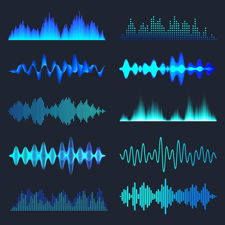 Vettore raccolta di onde sonore colorate blu segnale audio analogico e digitale interferenza dell'equalizzatore musicale