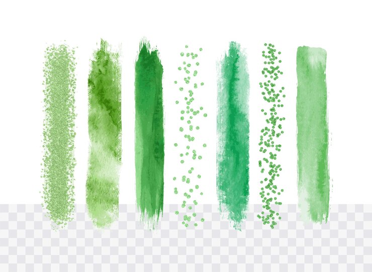 Raccolta di pennellate di pittura ad acquerello e scintillanti in colori verde lime Pennellata vettoriale