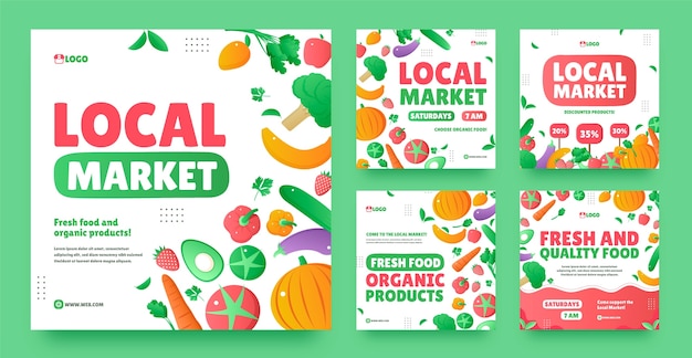 Raccolta di post di instagram di affari del mercato locale sfumato