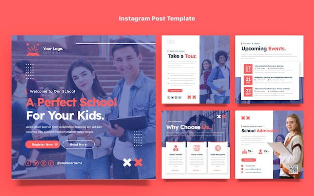 Raccolta di post instagram minimal e piatta per frequentare la scuola internazionale