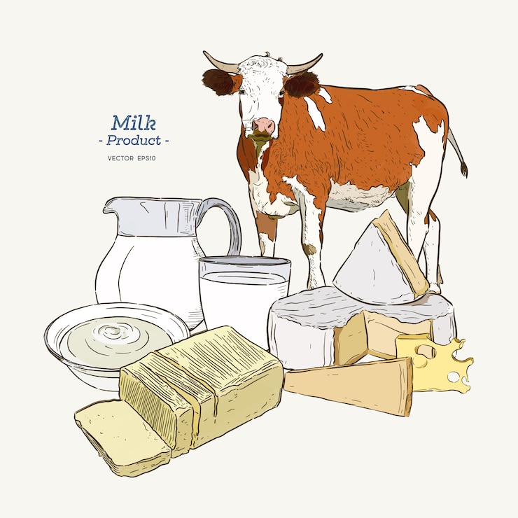 Raccolta di prodotti lattiero-caseari Mucca, latticini, formaggio, burro, panna acida, cagliata, yogurt