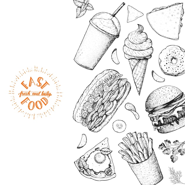 Raccolta di schizzi disegnati a mano di fast food Illustrazione vettoriale Set di cibo spazzatura Illustrazione di stile inciso Modello di progettazione di cibo di strada