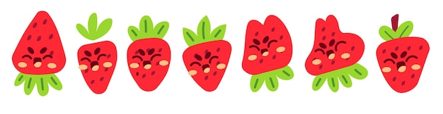 Raccolta di simpatiche emoticon di fragole piatte