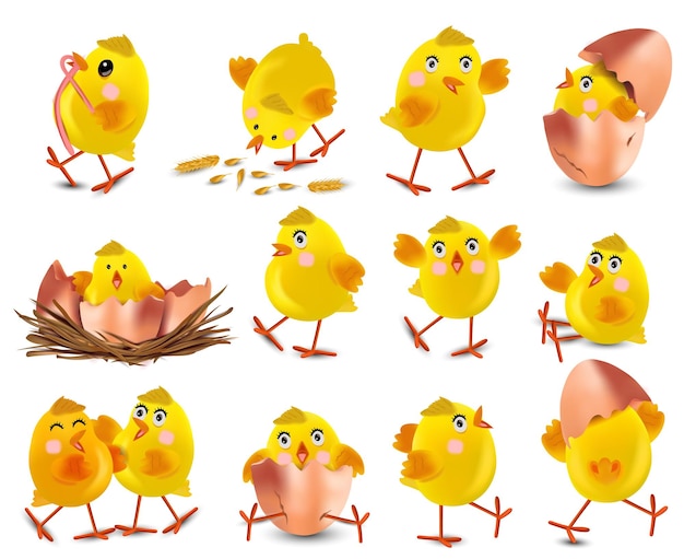 Raccolta di simpatici polli gialli. Polli divertenti del fumetto per il tuo design. Pulcini di Pasqua.