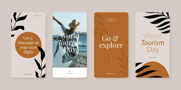 Vettore raccolta di storie di instagram della giornata mondiale del turismo con foto