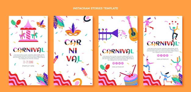 Raccolta di storie di instagram di carnevale piatto