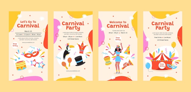 Raccolta di storie di instagram di celebrazione del carnevale piatto