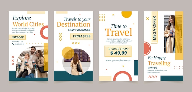 Raccolta di storie di instagram piatte per attività di agenzia di viaggi