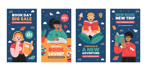 Raccolta di storie di instagram piatte per la celebrazione della giornata mondiale del libro