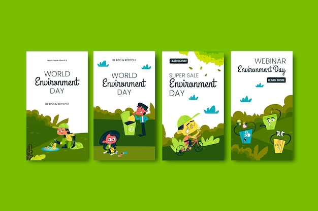 Raccolta di storie di instagram piatte per la celebrazione della giornata mondiale dell'ambiente