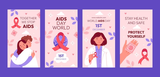 Raccolta di storie piatte su Instagram per la consapevolezza della giornata mondiale contro l'AIDS
