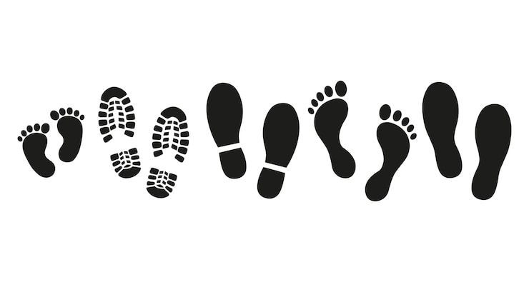 Vettore raccolta di tracce di scarpe umane piedi nudi impronte di bambini e suola su sfondo bianco