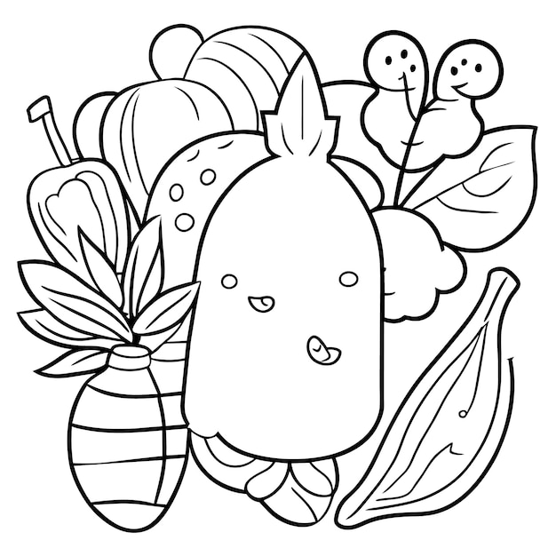 Raccolta di varie verdure organiche e design in cartone kawaii per il disegno