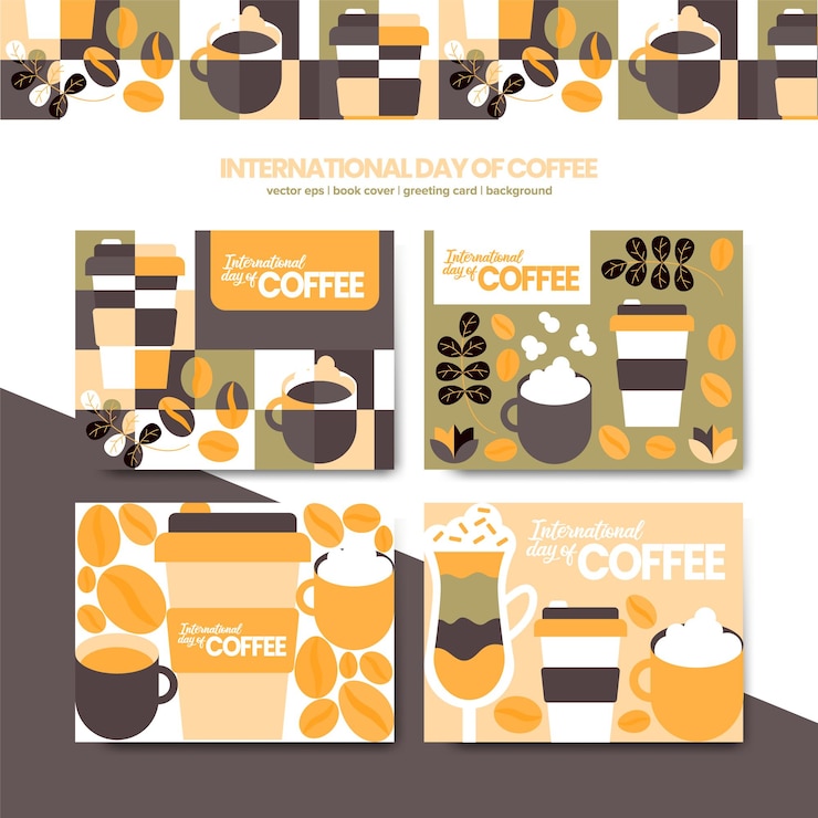 Vettore raccolta di vettore dell'invito del fondo del manifesto geometrico della giornata internazionale del caffè