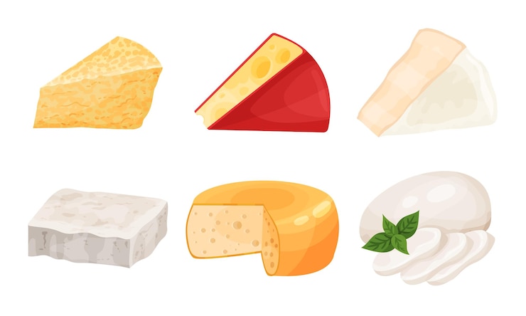 Vettore raccolta di vettori di formaggi nobili diversi concetto di diversità dei prodotti lattiero-caseari