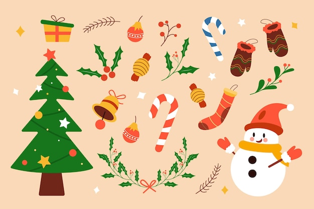 Raccolta festiva degli elementi di clipart di natale, decorazione del nuovo anno delle icone di vettore di Natale