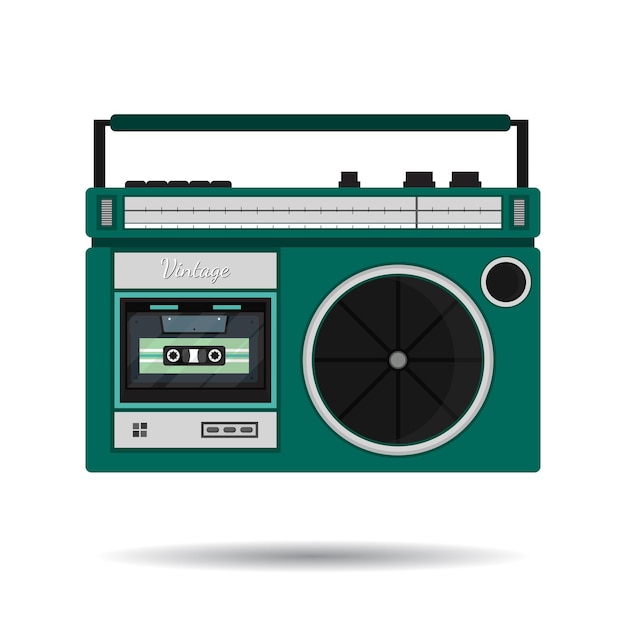 Radio colorata retrò con icona a cassetta. Elemento di design moderno in stile piatto. Oggetto isolato vintage con ombra. Illustrazione vettoriale isolata su sfondo bianco.
