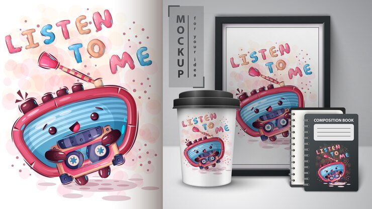 Vettore radio con poster a cassetta e merchandising