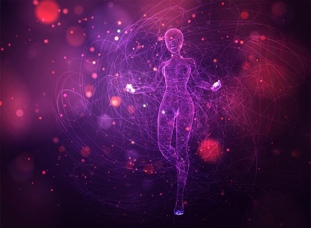 Ragazza 3d da punti e spline, tra fili ondulati e cerchi su sfondo neon viola e rosa