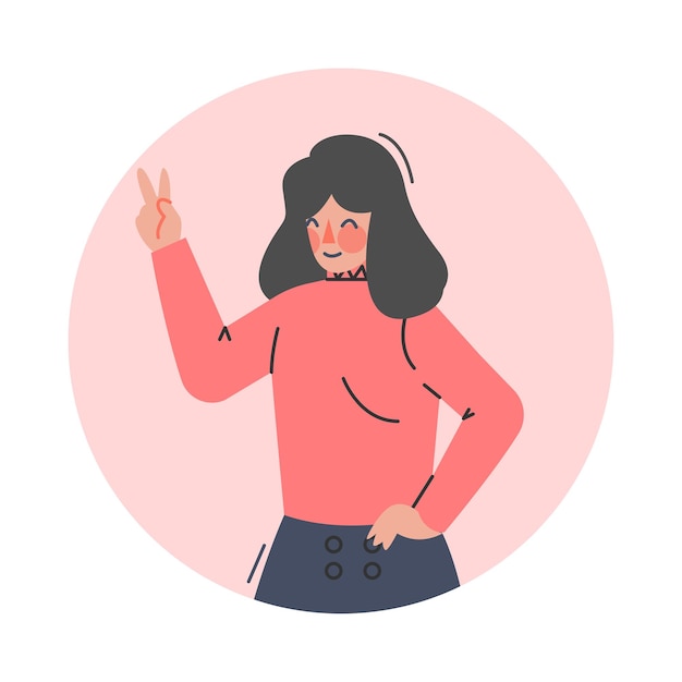 Ragazza adolescente che mostra il segno della vittoria Gesto adolescente che esprime emozioni positive Comunicazione non verbale Concetto Illustrazione vettoriale di cartoni animati