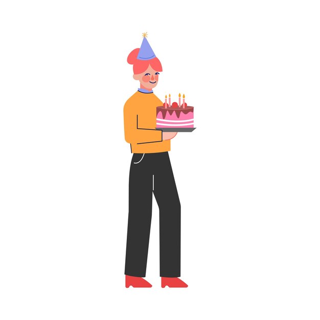 Ragazza adolescente felice che indossa un cappello da festa in piedi con una torta Adolescente che celebra il compleanno Illustrazione vettoriale
