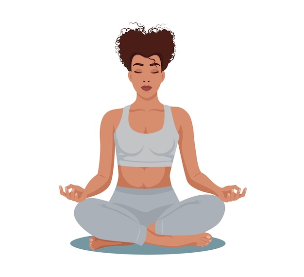 Ragazza afroamericana dalla pelle scura che fa yoga seduta nella posizione del loto Vettore isolato
