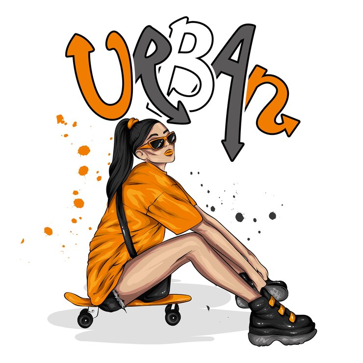 Vettore ragazza alla moda e skateboard, pattinatore.