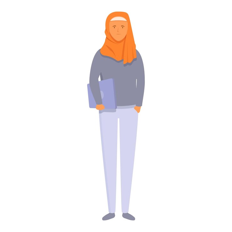 Vettore ragazza araba felice con l'icona del portatile vettore di cartoni animati corso di apprendimento