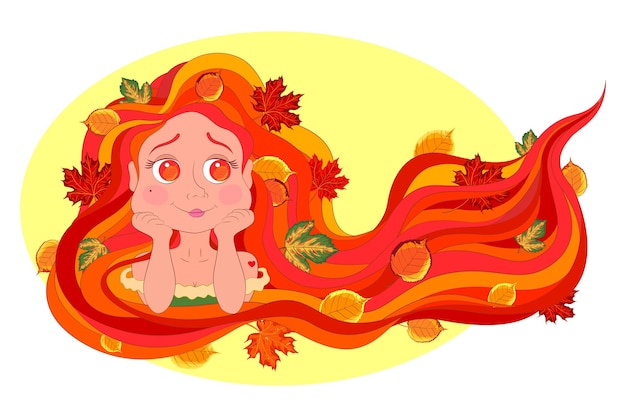 Ragazza autunnale Illustrazione vettoriale di una giovane ragazza con lunghi capelli arancioni e foglie autunnali