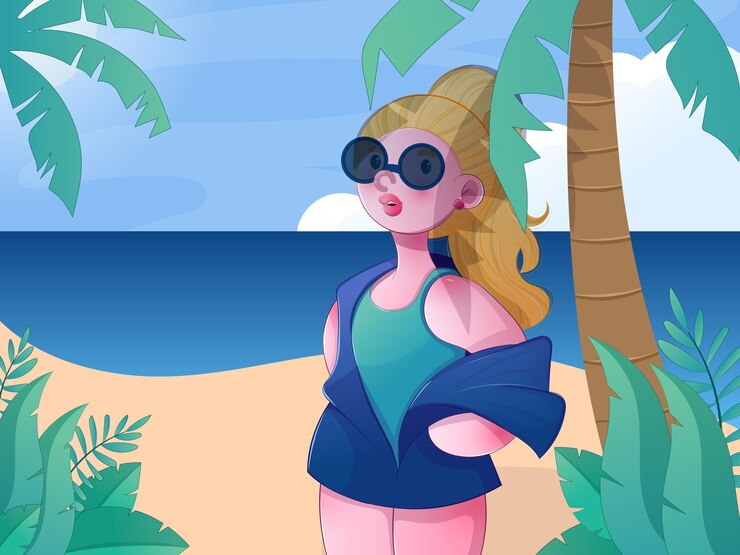 Ragazza bionda sveglia con gli occhiali sulla spiaggia con le palme
