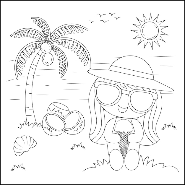 Ragazza carina che beve gelato sulla spiaggia estiva