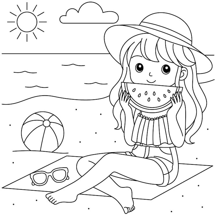 Vettore ragazza carina che mangia cocomero sulla spiaggia estiva pagina da colorare illustrazione del contorno delle vacanze estive