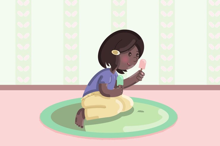 Ragazza carina con gelato in colori pastello piatti