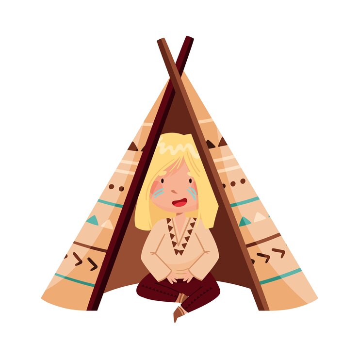 Vettore ragazza carina con vernice di guerra indiana sul viso e costume etnico seduta in illustrazione vettoriale di wigwam
