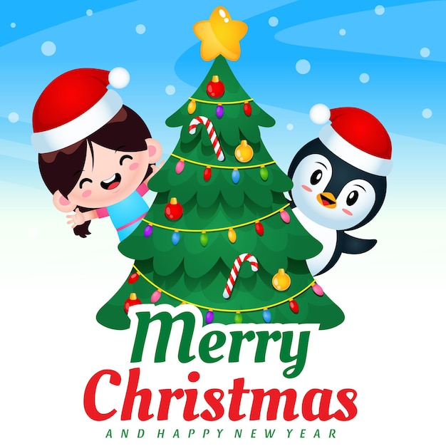 Ragazza carina e pinguino festeggiano il Natale